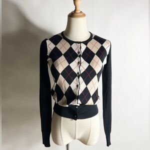VINTAGE 90s ANN TAYLOR SILK Argyle Patterned Black and White Women's Sweater XS